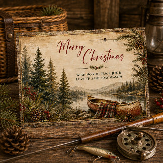 Rustic Mountain Lake Canoe Landscape Christmas | Holiday Card