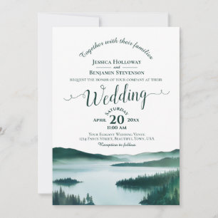 Rustic Mountain Lake Elegant Calligraphy Wedding Invitation