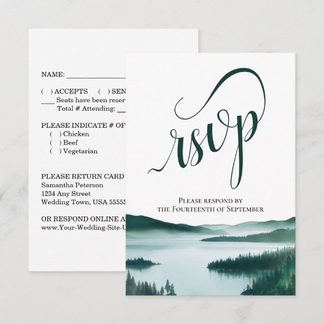 Rustic Mountain Lake Elegant Script Wedding RSVP Card (Front/Back)