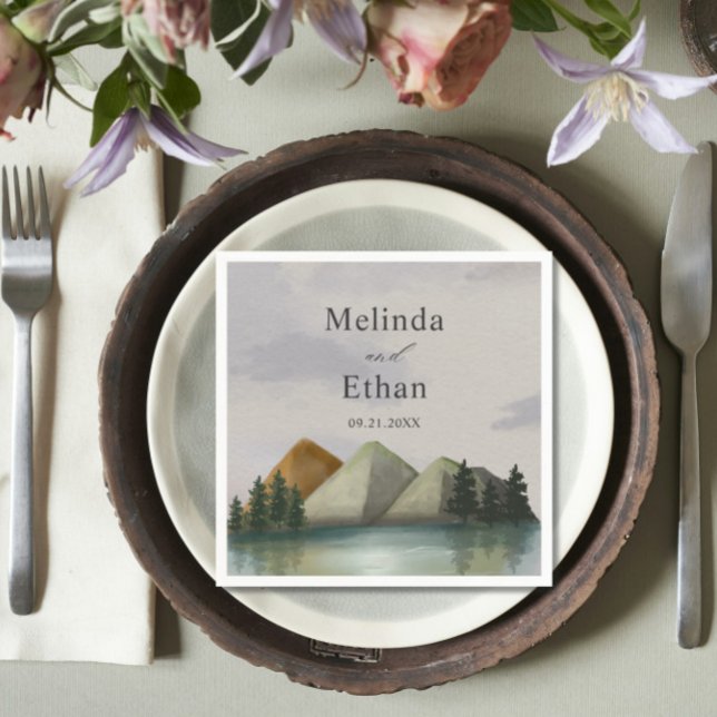 Rustic Mountain & Lake Evergreen Wedding  Napkin (Creator Uploaded)
