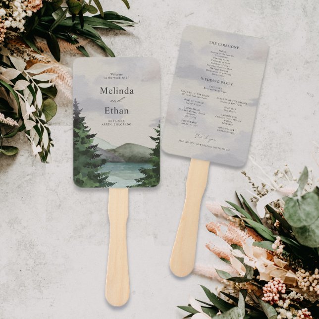 Rustic Mountain & Lake Evergreen Wedding Program Hand Fan (Creator Uploaded)