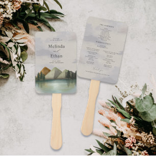 Rustic Mountain & Lake Evergreen Wedding Program Hand Fan