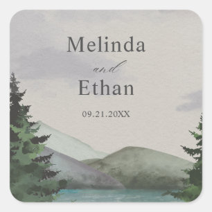 Rustic Mountain & Lake Evergreen Wedding  Square Sticker