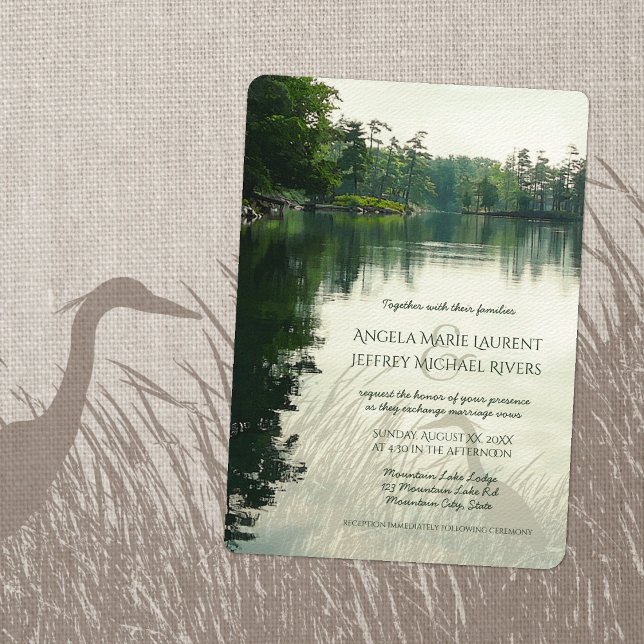 Rustic mountain lake heron wedding invitation (Creator Uploaded)