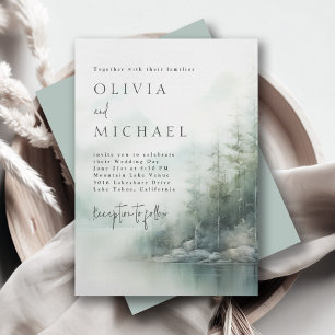 Rustic Mountain Lake Misty Pines Modern Wedding Invitation