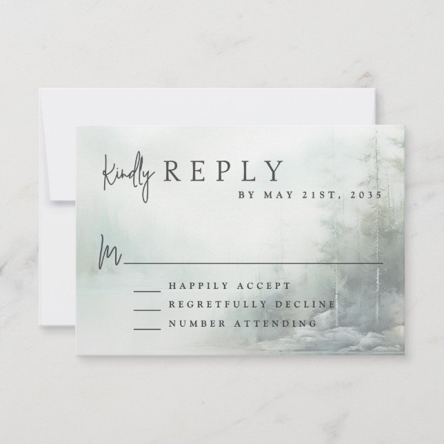 Rustic Mountain Lake Modern Wedding RSVP (Front)