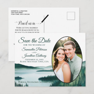 Rustic Mountain Lake Oval Photo Save The Date Announcement Postcard