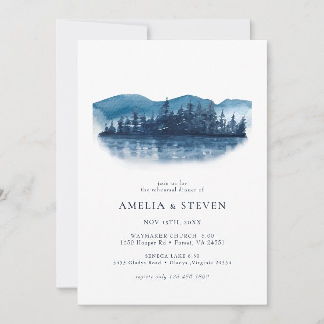 Rustic Mountain Lake Rehearsal Dinner Invitation (Front)