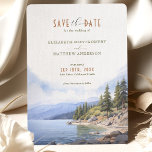 Rustic Mountain Lake Save the Date Card Lake Tahoe<br><div class="desc">Set the stage for your mountain lake wedding with our Rustic Mountain Lake Save the Date card, beautifully depicting the serene landscape of Lake Tahoe. The front features elegant typography in earthy tones of taupe, beige, and sandy brown, complemented by a watercolor illustration of the pristine lake surrounded by rocky...</div>