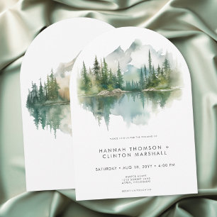 Rustic Mountain Lake Scene Watercolor Arch Wedding Invitation