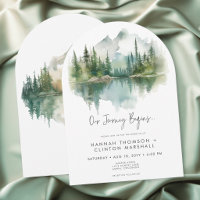 Rustic Mountain Lake Scene Watercolor Arch Wedding