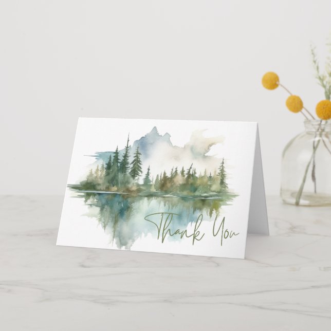 Rustic Mountain Lake Scene Watercolor Folded Thank You Card (Front)