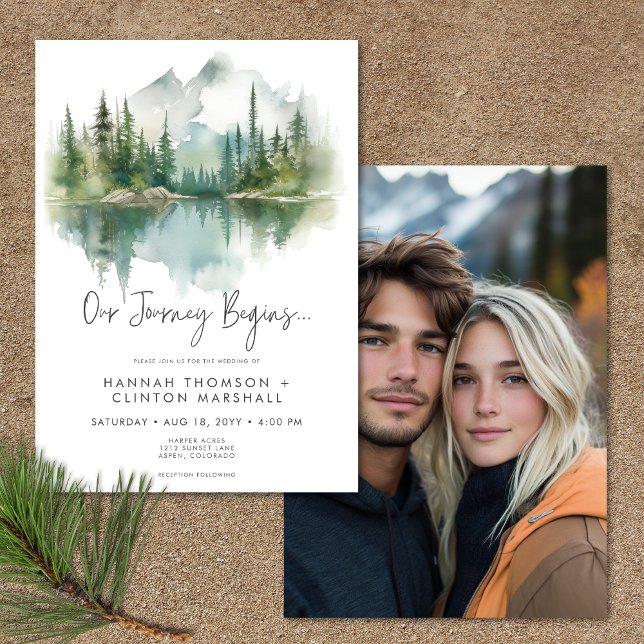 Rustic Mountain Lake Scene Watercolor Photo Invitation (Rustic Mountain Lake Scene Watercolor Photo Invitation)