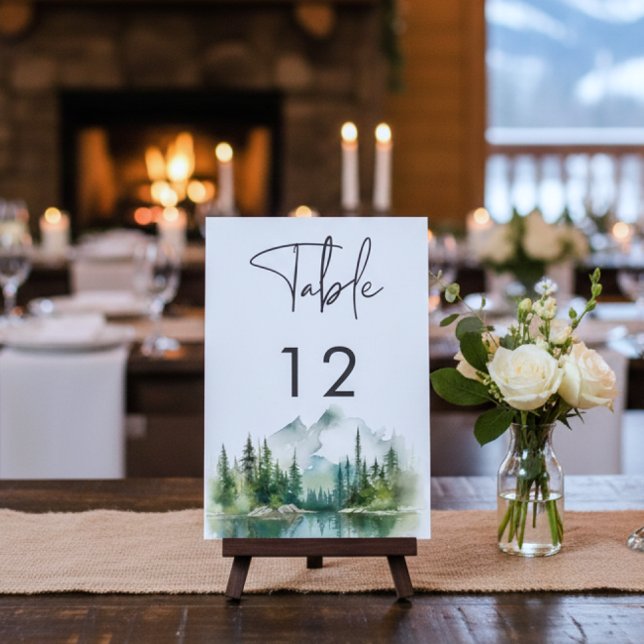 Rustic Mountain Lake Scene Watercolor Wedding Table Number (Creator Uploaded)
