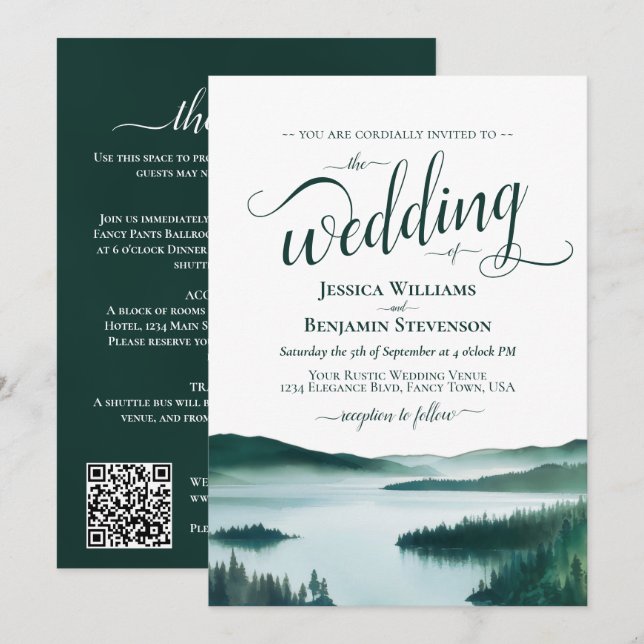 Rustic Mountain Lake Stylish QR Code Wedding Invitation (Front/Back)
