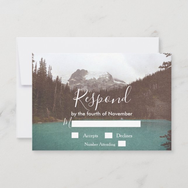 Rustic Mountain Lake Tree Forest Wedding RSVP (Front)
