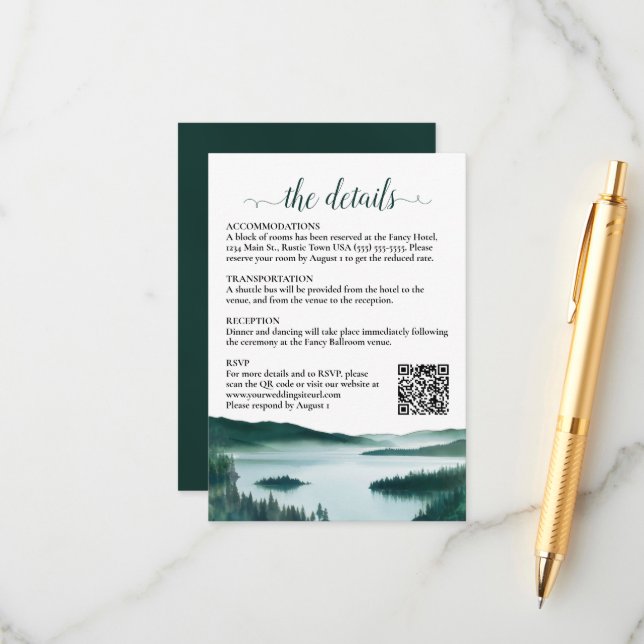 Rustic Mountain Lake Wedding Details QR Code Enclosure Card (Front/Back In Situ)