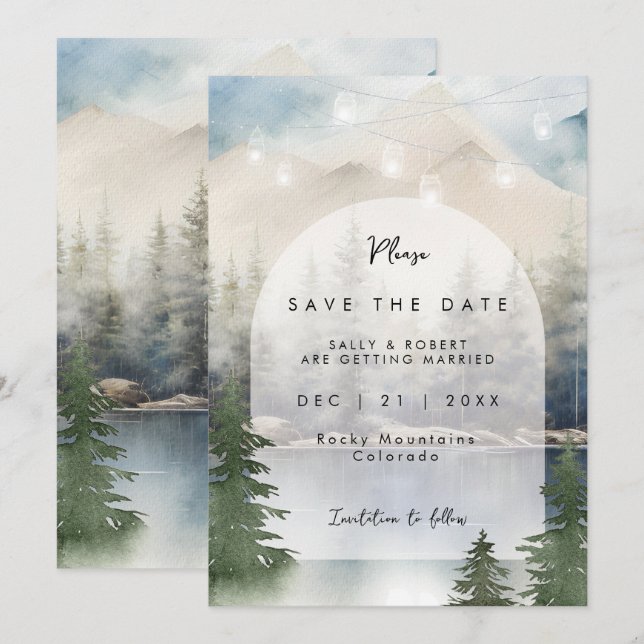rustic mountain lake wedding save the date card (Front/Back)