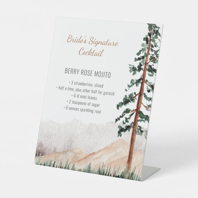 Rustic Mountain Landscape Bride Signature Cocktail Pedestal Sign (Front)