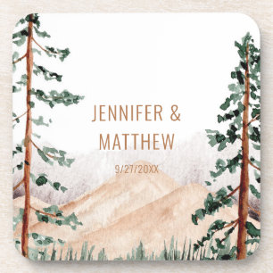 Rustic Mountain Landscape, Fog, Pine Trees Wedding Coaster