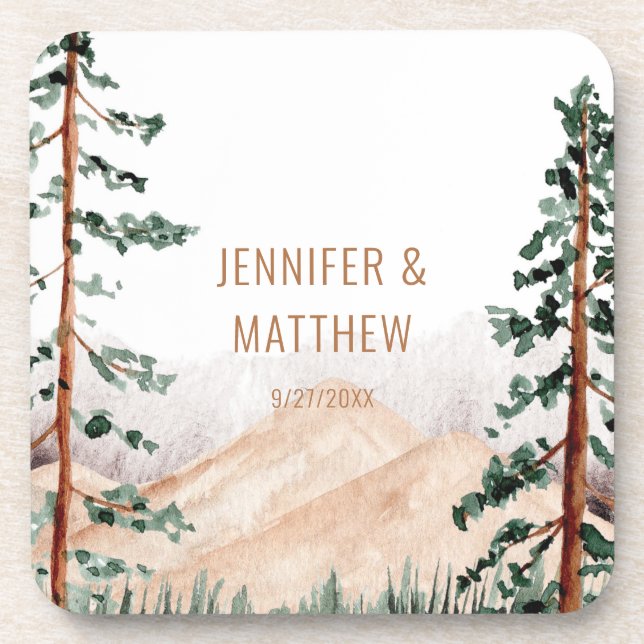 Rustic Mountain Landscape, Fog, Pine Trees Wedding Coaster (Front)