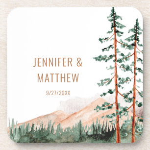 Rustic Mountain Landscape, Fog, Pine Trees Wedding Coaster