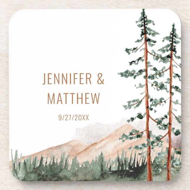 Rustic Mountain Landscape, Fog, Pine Trees Wedding Coaster (Front)