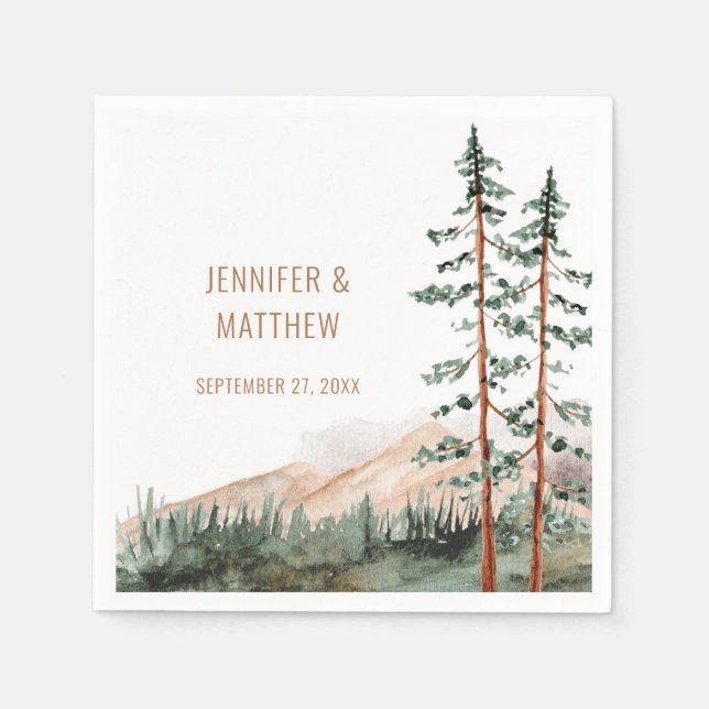 Rustic Mountain Landscape, Fog, Pine Trees Wedding Napkin (Front)