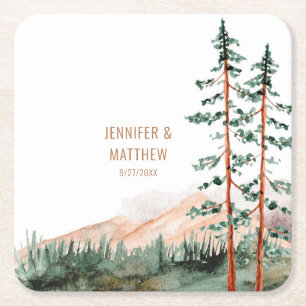 Rustic Mountain Landscape, Fog, Pine Trees Wedding Square Paper Coaster