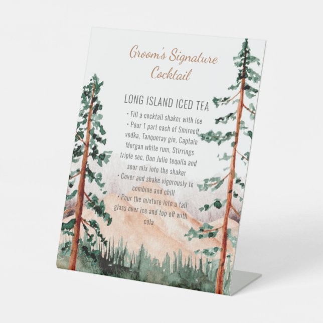 Rustic Mountain Landscape Groom Signature Cocktail Pedestal Sign (Front)