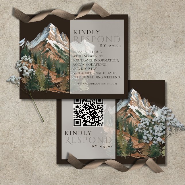 Rustic Mountain Landscape Watercolor Wedding QR  RSVP Card (Rustic Mountain Landscape Watercolor Wedding QR RSVP Card)