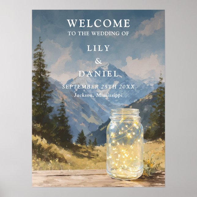 Rustic Mountain Mason Jar Wedding Welcome Sign (Front)