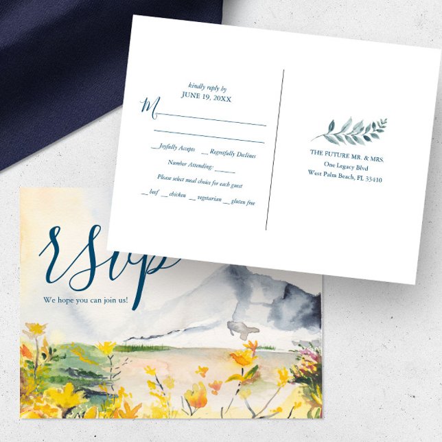 Rustic Mountain Meal Choice RSVP Postcard (Wedding rsvp postcard mountain destination wedding watercolor art by Victoria Grigaliunas)
