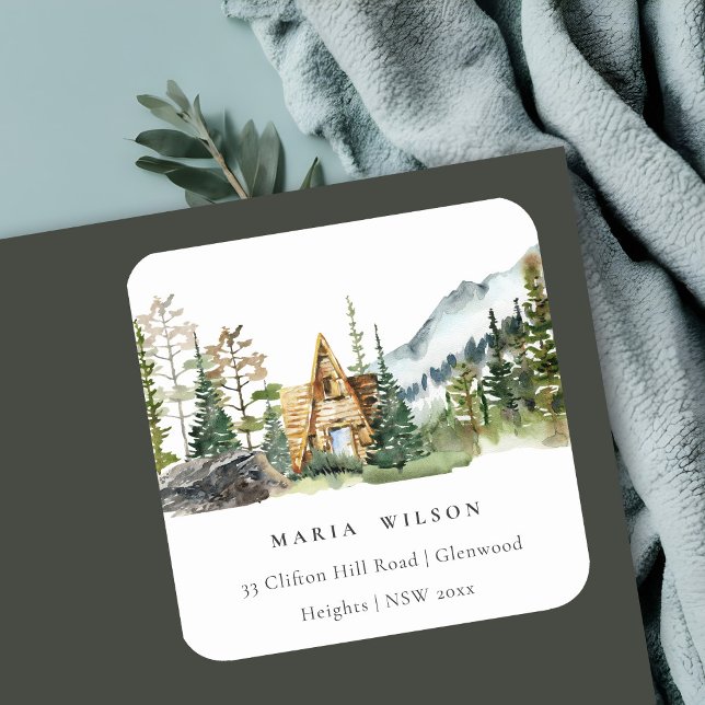 Rustic Mountain Pine Forest Wood Cabin Address Square Sticker (Creator Uploaded)