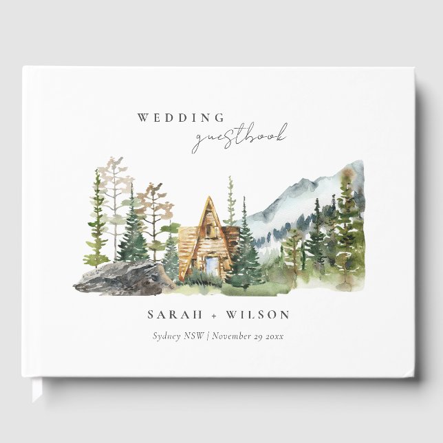 Rustic Mountain Pine Forest Wood Cabin Wedding Guest Book (Front)