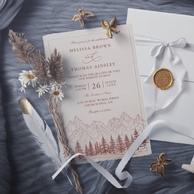 Rustic Mountain Pine Terracotta QR Code Wedding Invitation (Creator Uploaded)