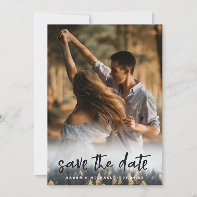 Rustic Mountain Pine Tree Fall Forest with Picture Save The Date (Front)