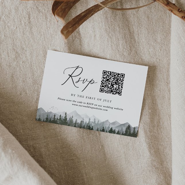 Rustic Mountain Pine Tree Wedding QR code RSVP Card (Creator Uploaded)