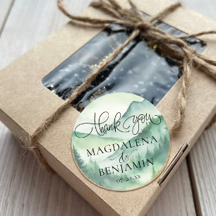 Rustic Mountain Pine Trees Calligraphy Thank You Classic Round Sticker
