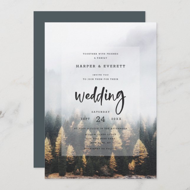 Rustic Mountain Pine Trees Fall Forest Wedding Invitation (Front/Back)