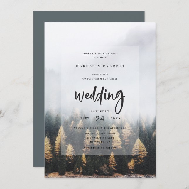 Rustic Mountain Pine Trees Fall Forest Wedding Invitation (Front/Back)