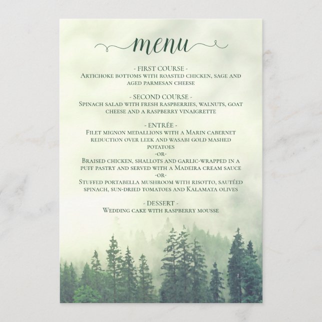 Rustic Mountain Pine Trees Green Wedding Menu (Front)