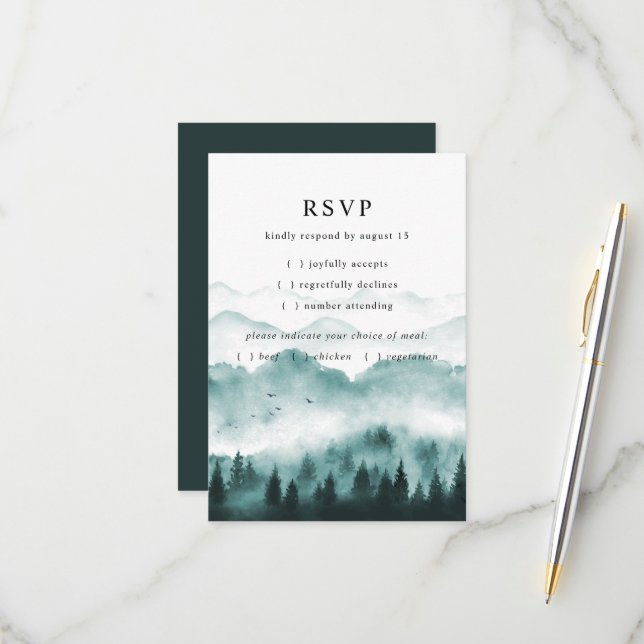 Rustic Mountain Pine Trees Meal Choice RSVP Card (Front/Back In Situ)