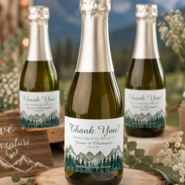 Rustic Mountain & Pine Wedding Thank You Mini Sparkling Wine Label (Creator Uploaded)