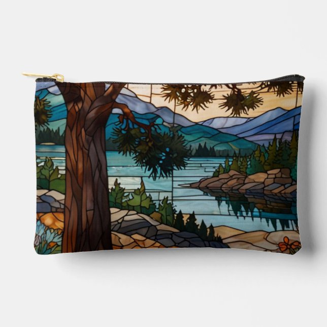 Rustic mountain range landscape stain glass  accessory pouch (Front)