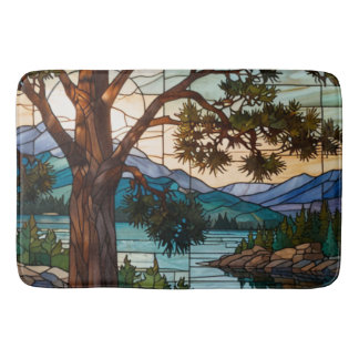 Rustic mountain range landscape stain glass  bath mat