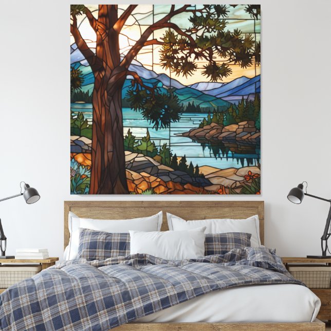 Rustic mountain range landscape stain glass  canvas print (Insitu(Bedroom))