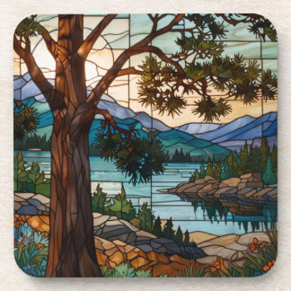 Rustic mountain range landscape stain glass  coaster