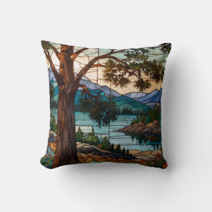 Rustic mountain range landscape stain glass cushion