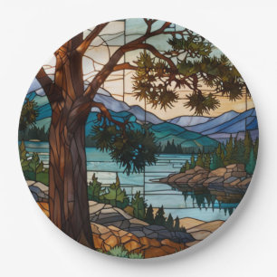 Rustic mountain range landscape stain glass  paper plate